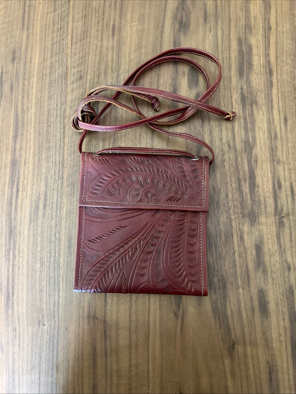 JL Saldivar Hand-Tooled Leather Crossbody Bag in Deep Burgundy
